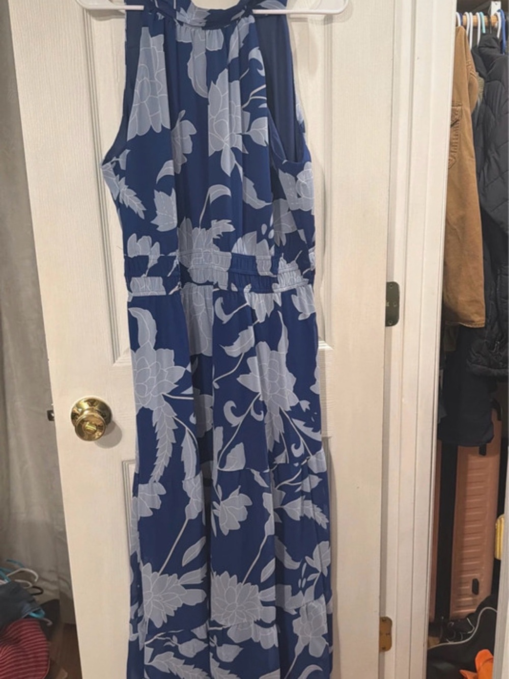 Simple Navy and White Floral Halter Romper Jumpsuit